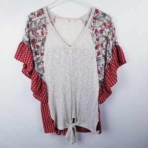 Hummingbird Boho Tie Front Patchwork Top